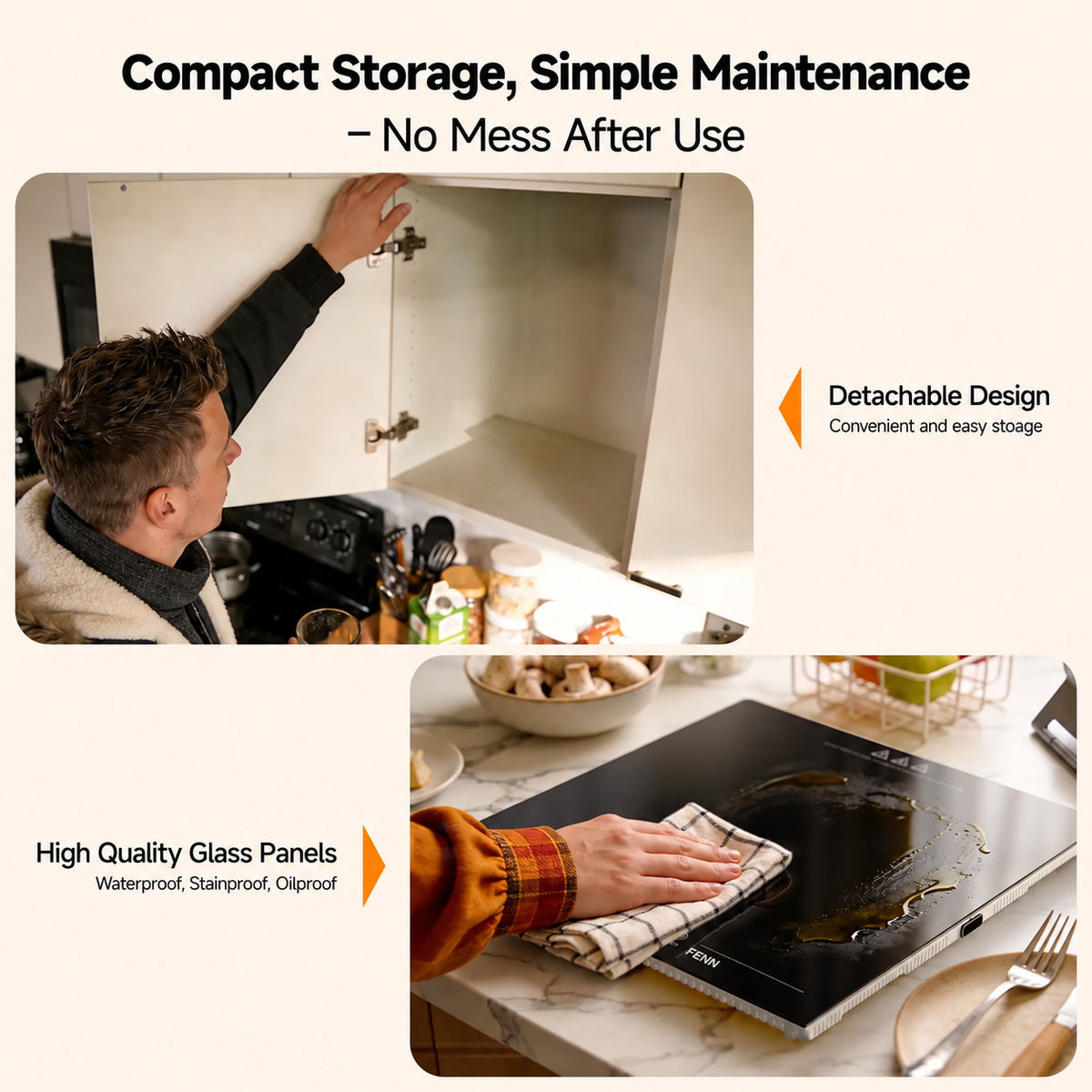 FENN warming tray glass cleaning and compact storage