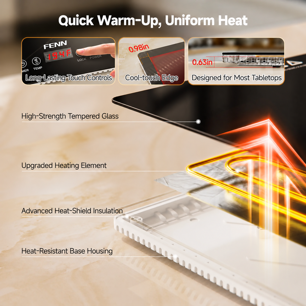 FENN warming tray tempered glass and heating construction