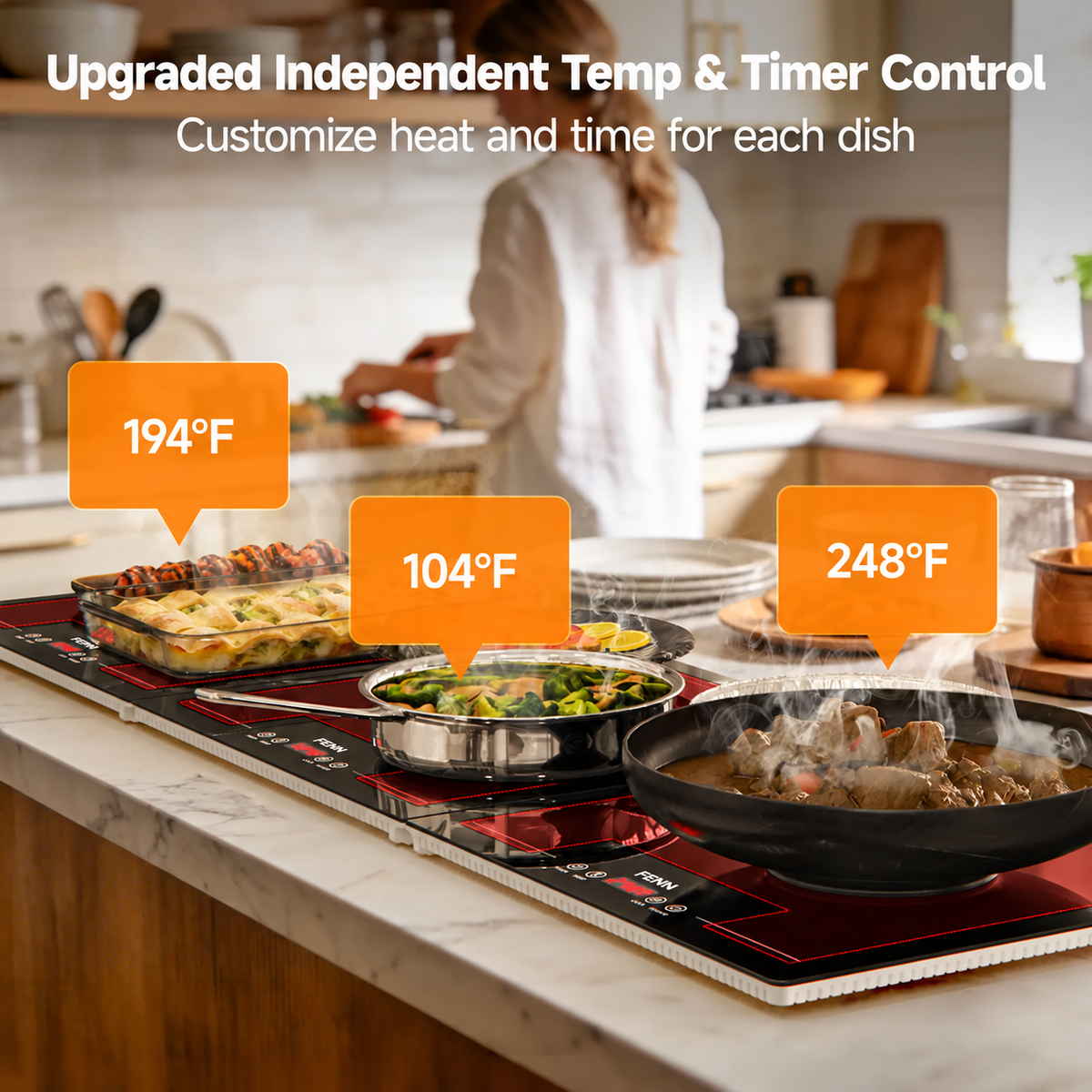 FENN warming tray with separate temperature controls for each dish