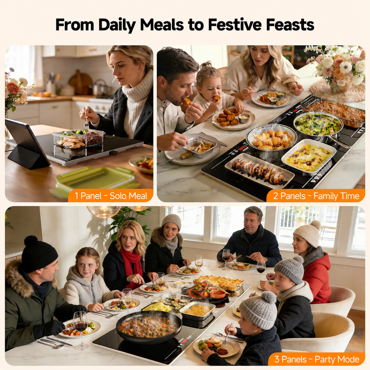 FENN warming tray configurations for everyday meals and gatherings