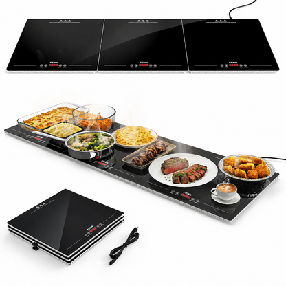 FENN black three-panel modular warming tray with serving and storage configurations