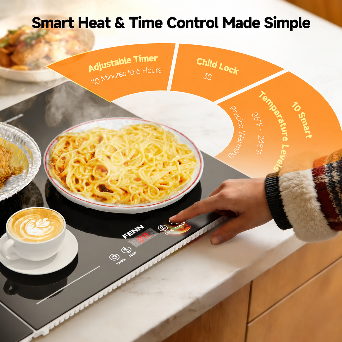 FENN warming tray touch controls, adjustable timer and heat settings